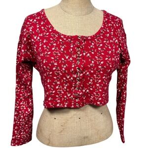 VTG Y2K 90 Best American M Red Floral Crop Henley Top Long Sleeve Dainty Cottage